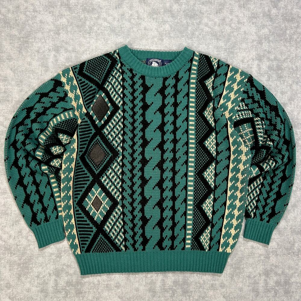 VTG 90s Atlantic Traders geometric tribal leather trim oversized grandpa sweater